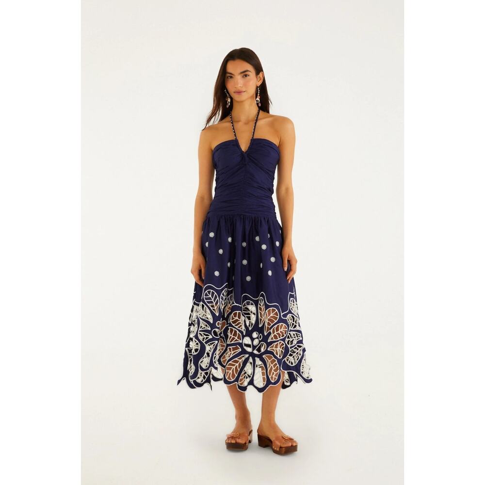FARM Rio Navy Blue Richelieu Embroidered Midi Dress NWT Small